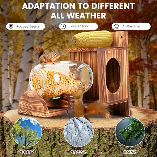 Wood Squirrel Feeder, Large Squirrel Feeders for Outside Garden Tree, Chipmunk Feeder for Corn Peanuts, Removable Storage Bottle, 1 Stable Squirrel Stools