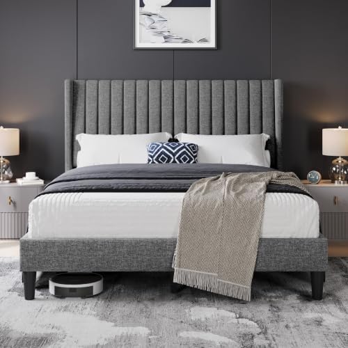 Yaheetech Queen Bed Frame with Headboard,Light Gray Channel-Tufted Platform