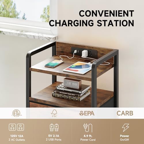 Lazzanto Nightstand with Rear Charging Station, LED Light, 2 Drawers, Brown