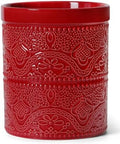 FUN ELEMENTS Kitchen Utensil Holder, 7.2" Super Large Utensil Crock Heavy and Stable Lace Emboss Ceramic Utensil Holder for Kitchen Counter (Christmas Red)
