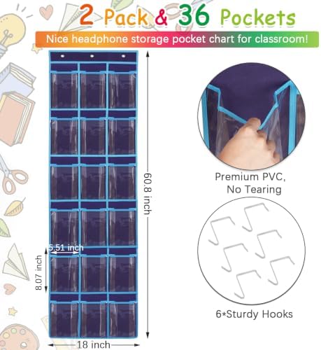 2 Pack Classroom Headphone Storage Organizer with 36 Pockets & 74 Labels