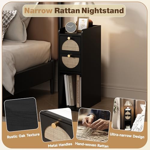 Narrow Nightstand Set of 2 (Rattan & Wood) - Small Bedside Table with 2 Drawers, Open Shelf, Mid Century Modern End Table - for Bedroom, Living Room & Small Spaces, Black