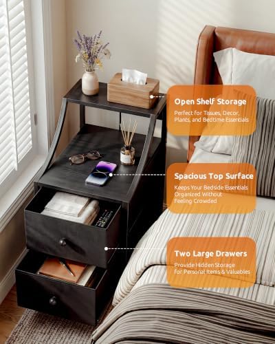 Lazzanto Narrow Nightstand with Charging Station for Bedroom, Black