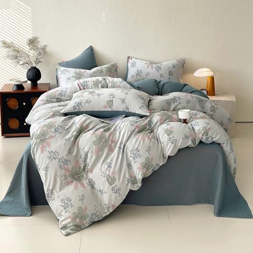 HighBuy Pink Floral Muslin Duvet Cover Set King Muslin Cotton Durable Gauze Bedding Set,Boho Chic Cottagecore Floral Bedding Comforter Cover Set - (1 Duvet Cover with 2 Pillow Shams)