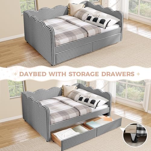 Full Size Daybed with Storage Drawers, Linen Gingham Daybed with USB Ports & Wave Shaped, Upholstered Day Bed Frame, Modern Sofa Bed for Living Room/Bedroom/Guest Room, No Box Spring Needed, Black