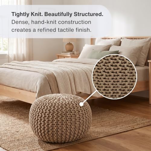 · REDEARTH · Round Pouf Ottoman - Hand Knitted Boho Poof Footrest - Beige