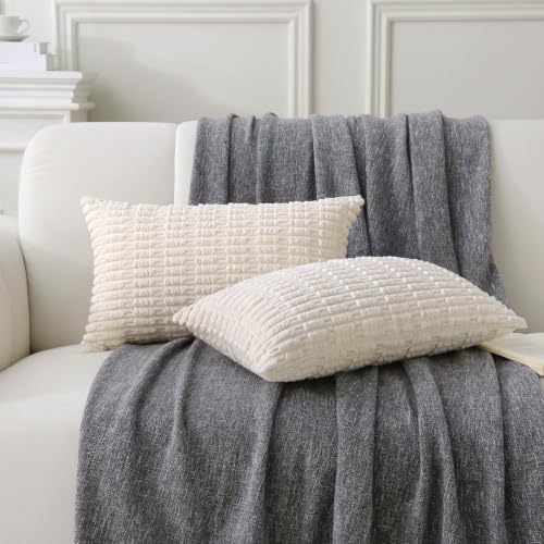 2 Pack Corduroy Decorative Throw Pillow with Inserts, 18x18 Inch Soft Boho Throw Pillow, Square Striped Throw Pillows for Couch, Bed, Sofa Decor (Beige, 12" x 20" (with Inserts))