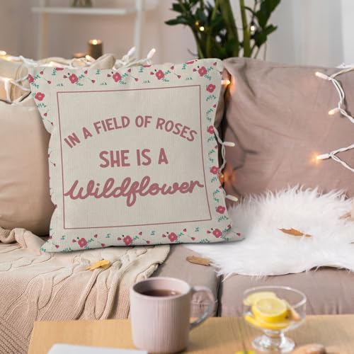 Girl Wildflower Nursery Throw Pillow Cover 18x18, in a Field of Roses She is a Wildflower Decorative Pillow Covers for Kids Girl Nursery Room Bedroom, Floral Accent Pillows Cover Pillowcases