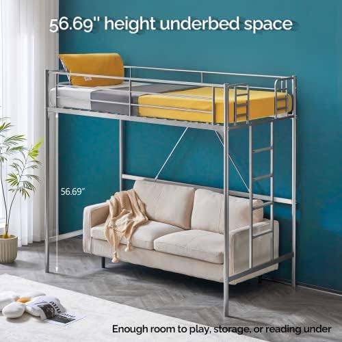 VINGLI 71 Inches Tall Loft Bed Twin Size with Flat Ladder Rung for Kids Teens Adults Heavy Duty Metal Single Bunk Bed Loft with Safety Guard Rails for Small Space, Gray