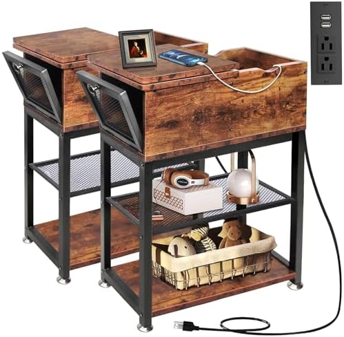 End Tables with Charging Station Set of 2, Flip Top 8.4" Super Deep Drawer