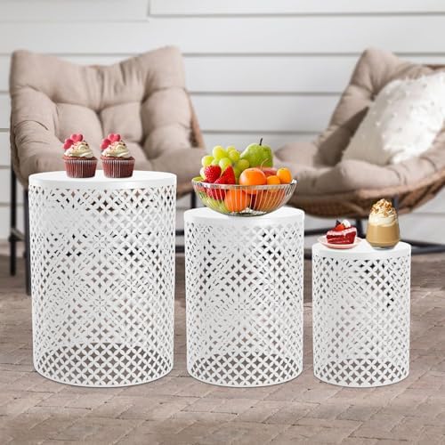 Metal Frame Accent Table,Cylindrical Outdoor Side Table,Decorative Garden Stool,Set of 3 Nesting Side Table,Modern Decorative Garden Stool for Patio Balconies Cafes Parks (3, White)