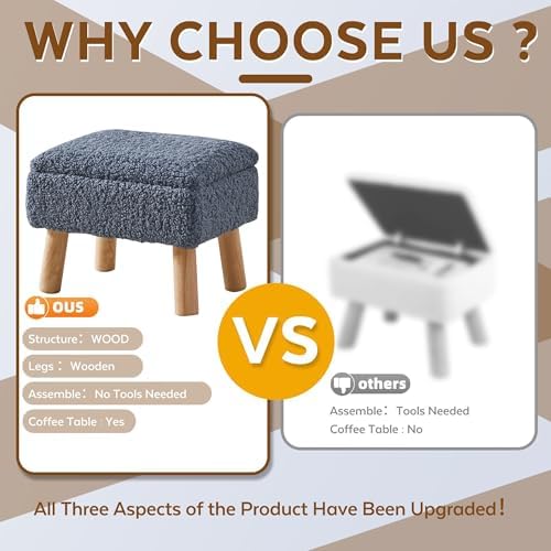 Storage Ottoman, Small Foot Stool Ottoman with Storage, Teddy Velvet Foot Rest with Wood Legs, Footstool for Living Room, Bedroom, Entryway, Blue