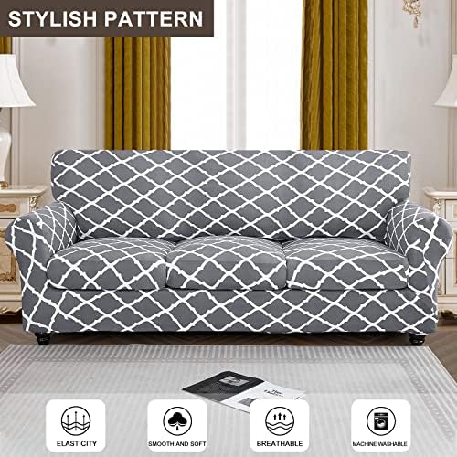 SearchI Stretch Sofa Cover Printed Couch Cover, Floral Pattern 4 Pieces Sofa Slipcover with 3 Separate Cushion Cover, Washable Furniture Protector for Living Room(Sofa, Gray+White)