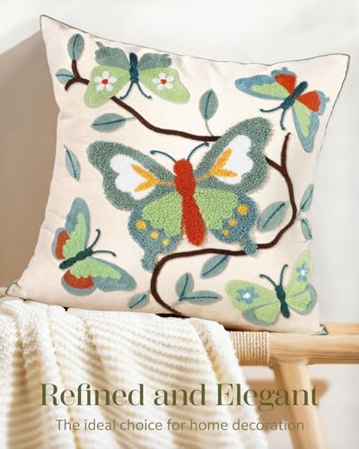 Embroidered Throw Pillow Cover 18x18 Inch, Branch Butterfly