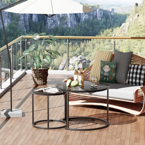 aboxoo Nesting Coffee Table Grey Glass Table Set of 2, Small Round Glass Nesting Tables for Living Room Bedroom, Accent Tea Table with Metal Frame Modern Industrial Simple