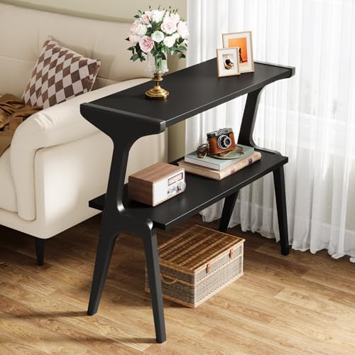 Tribesigns 2-Tier Solid Wood Side Table, Modern Black End Table with Storage Shelves, Tall Slim Side Table for Couch with Unique Legs, Long Bedside Table for Bedroom, Living Room