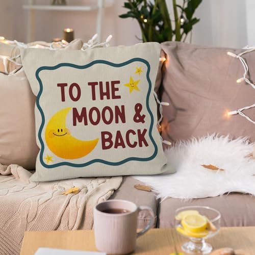Moon and Stars Nursery Throw Pillow Cover 18x18, to the Moon and Back Decorative Pillow Covers for Kids Toddler Boy Girl Nursery Room Bedroom, Kids Room Accent Pillows Cover Pillowcases