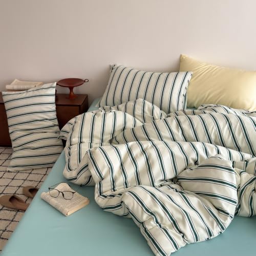 mixinni Retro Green Striped Duvet Cover Set Full Size – Mid Century Vintage Bedding Set, 3 Piece Washed Microfiber Soft Comforter Cover with Zipper & Corner Ties, (1 Duvet Cover + 2 Pillowcases)