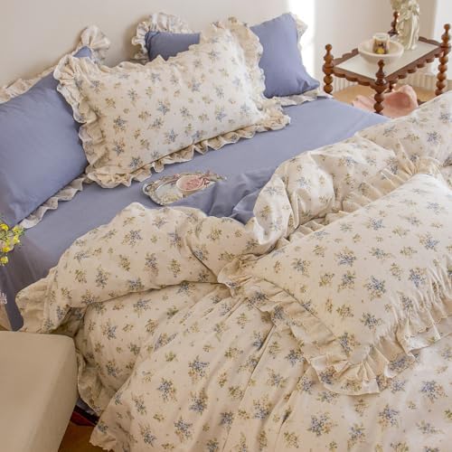 Blue Floral Duvet Cover Twin Size Cotton Lace Trim Comforter Cover Twin Size Ruffle Boho Pattern Zipper Duvet Cover Set with 2 Pillow Cases Princess Girls Bedding Set Farmhouse Duvet Protector