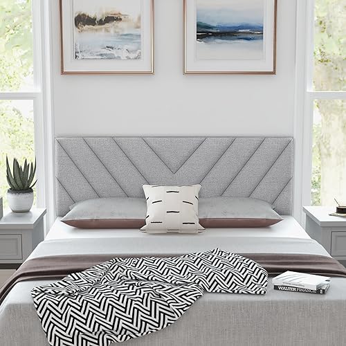 GIANTEX Linen Upholstered Headboard for Full & Queen Size Bed Frame, Adjustable Width Button Tufted Headboard Only with Solid Rubber Wood Legs, Modern Headboard,Grey
