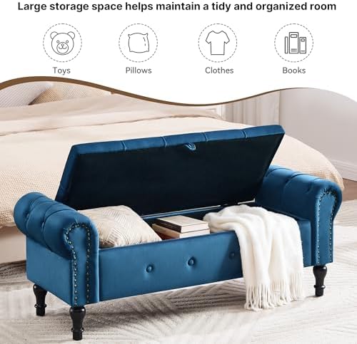 Storage Bench 51" Velvet End of Bed Benches Navy Blue
