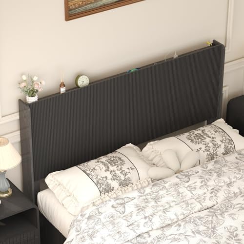 Queen Size Headboard Only, Wood Head Board with Charging Station & LED Lights, Modern Fluted Wall-Mounted Bed Headboards for Bedroom, Height Adjustable, Black