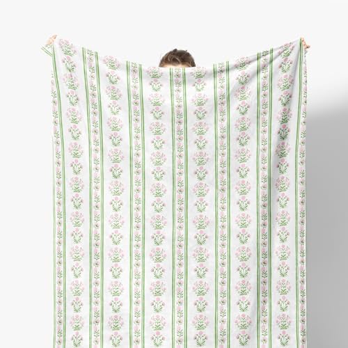 Pink Floral Blanket, Pink and Green Grandmillennial Flower Decorative Throw Blanket for Couch Bed Sofa, Pastel Floral Striped Throw Blankets for Living Room Bedroom Decor, 50x60 Inches