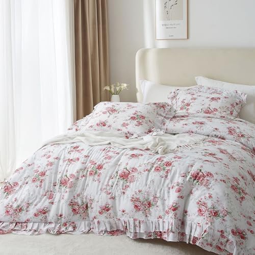 3 Pieces Ruffle Duvet Cover Set Full(80"x90"), Red Rose Flower