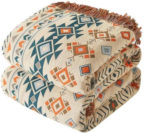 Bailix Boho Throw Blanket, 100% Cotton, Woven Geometric Pattern, 90"x98"