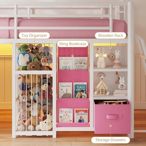 Twin Low Loft Bed, Kids Loft Bed, Storage Drawers, LED Lights, Pink White
