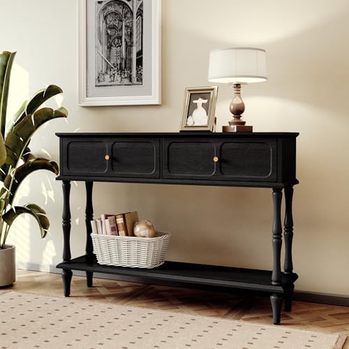 ARTPOWER 47" Mid-Century Console Table, 2 Drawers and Open Shelf, Black