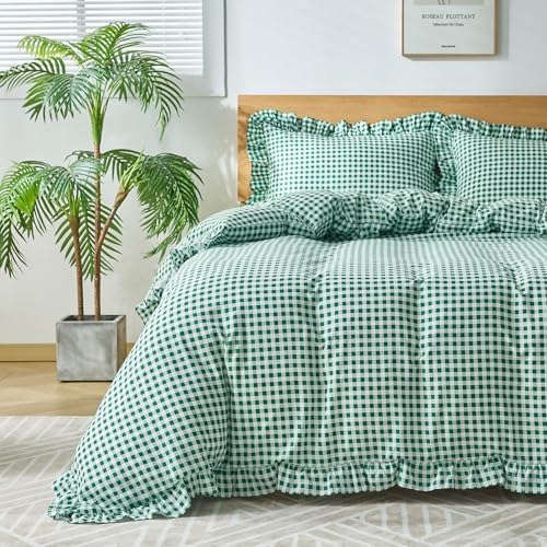 Gingham Duvet Cover Queen Size, 3 Pieces Soft Breathable Microfiber Plaid Duvet Cover with Zipper Closure & 2 Pillow Shams, Ruffle Farmhouse Vintage Decor, Green