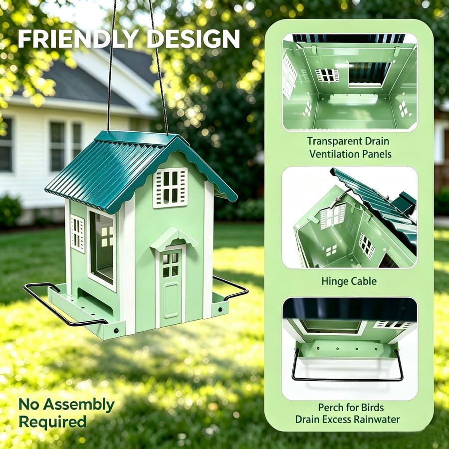 WENYLE Bird Feeders for Outdoors Hanging, Heavy Duty Metal Weatherproof Wild Bird Feeder, House Shape with Drain Holes, 2LB Capacity for Garden Yard