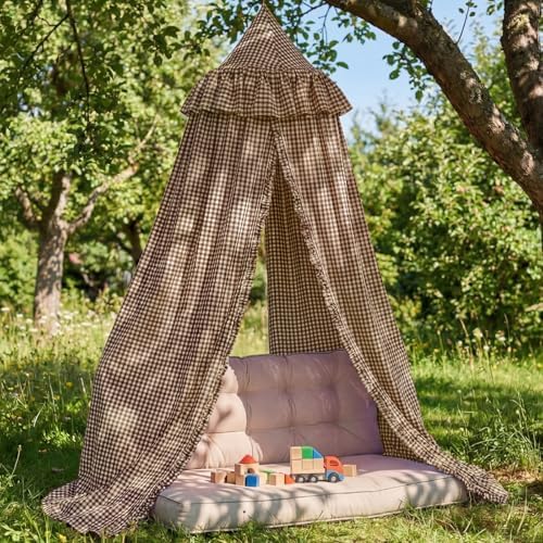 SmoothNovelty Gingham Plaid Bed Canopy, Brown White, Round