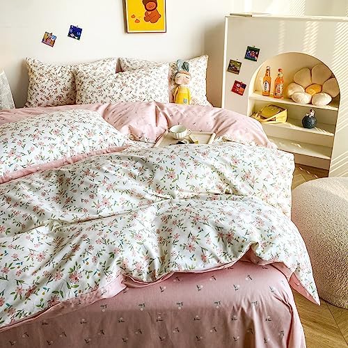 HighBuy White Cotton Floral Duvet Cover Full Girl Pink Floral Bedding Set Garden Style Botanical Coquette Bedding Comforter Cover with Zipper Closure,Cottagecore Duvet Cover Set Full,2 Pillowcases