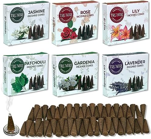Trumiri Floral Incense Cones - Variety Pack - Total 60 Cone Incense (6 Scents x 10 Conos) - Rose, Lavender, Jasmin, Patchouli, Gardenia, Lily - Cone Incense Scents - Insense Cones - Incent Cone