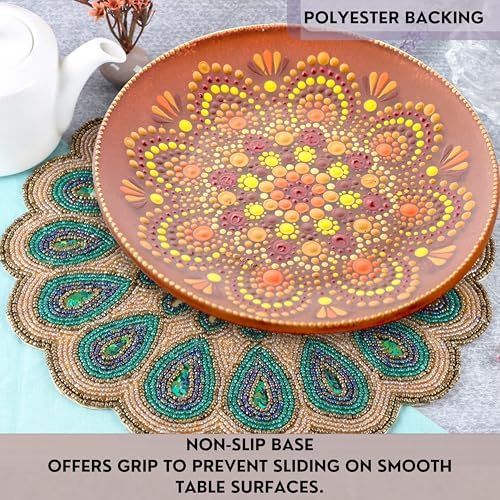 CLEENTABLE Round Beaded Placemat, 13in Glass Bead Table Mat, Green Gold