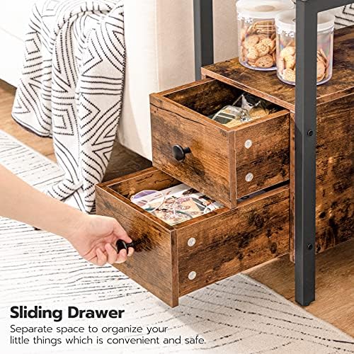 HOOBRO End Table with Charging Station, Narrow Side Table with 2 Drawer & USB Ports & Power Outlets, Nightstand for Small Spaces, for Living Room, Bedroom, Rustic Brown and Black BF541BZ01
