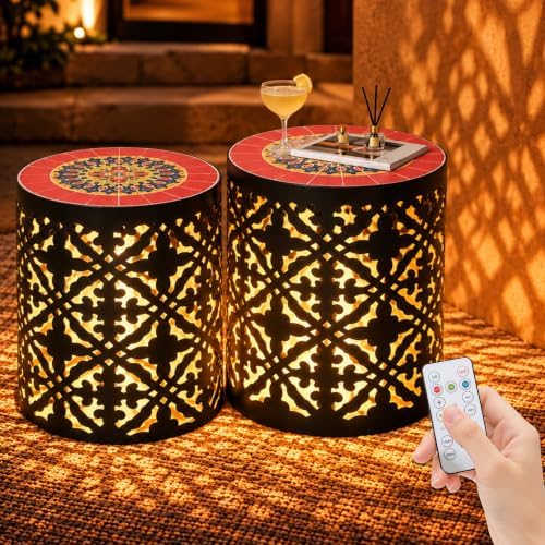 2-Pack Metal LED Side Table Outdoor, 3-Mode Lights, Modern Cut-Out