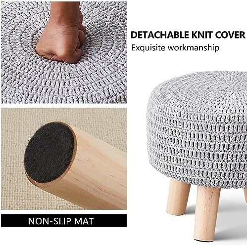 13" Round Handmade Cotton Knitted Boho Small Ottoman with Non-Skid Wood Leg
