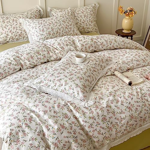 LifeTB Ruffle Duvet Cover Twin 100% Cotton Pink Flower Duvet Cover Girls Princess Lace Bedding Set Vintage Floral Botanical Comforter Cover with Chic White Ruffle Lace Cute Floral Bedding Set Twin