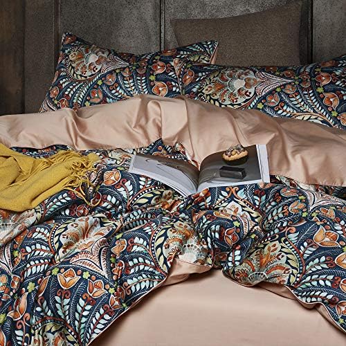 Boho Duvet Cover Queen,Paisley Flower Printed Long Staple Cotton Duvet Cover with 2 Pillowcases,Retro Damask Medallion Bedding Set-3 Pieces 90"x90"
