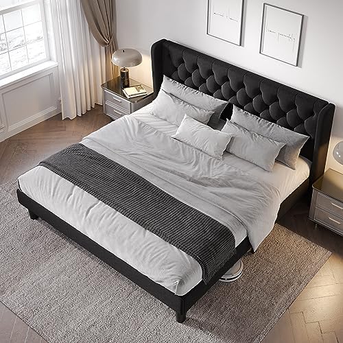 Allewie King Size Bed Frame with Button Tufted Wingback Headboard, Black