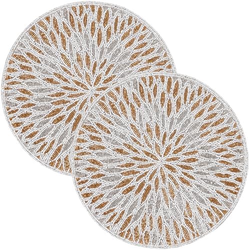 CLEENTABLE Round Beaded Placemats, Gold & Silver, 2-Pack