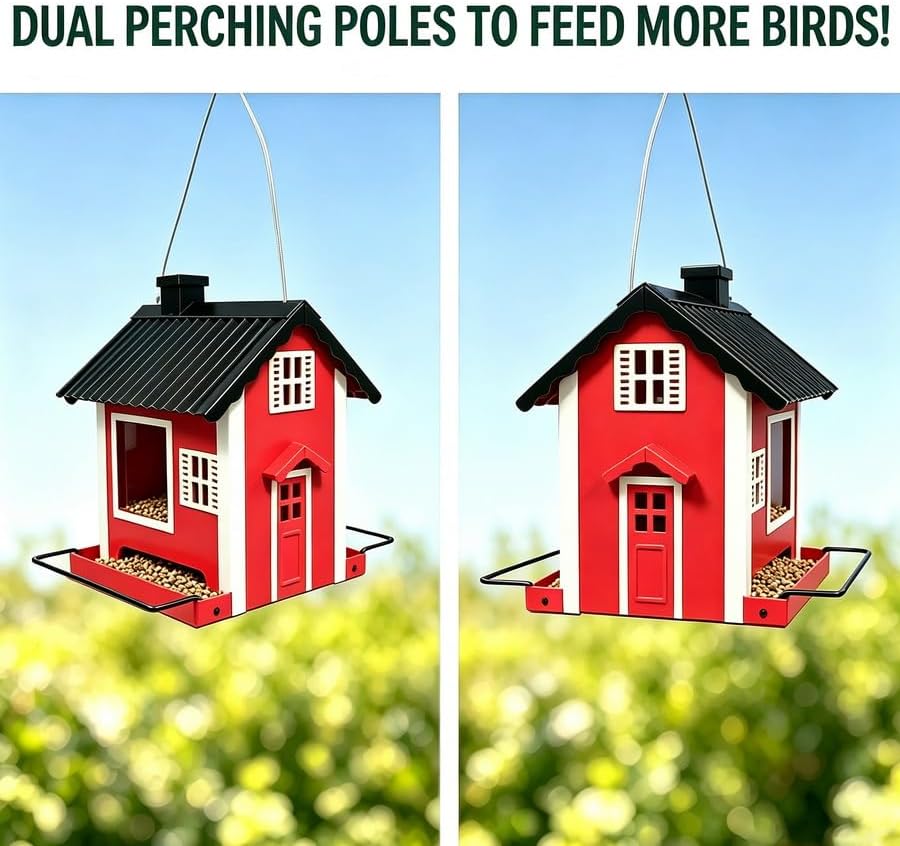 WENYLE Bird Feeders for Outdoors Hanging, Heavy Duty Metal Weatherproof Wild Bird Feeder, House Shape with Drain Holes, 2LB Capacity for Garden Yard