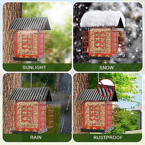 FlowaFoli Bird Feeders for Outdoors Hanging, Metal Bird Feeder with Double Suet Cage Cake, Large Capacity, Birdfeeders Sturdy & Weatherproof, Easy to Clean & Refill, Great for Attracting Wild Birds