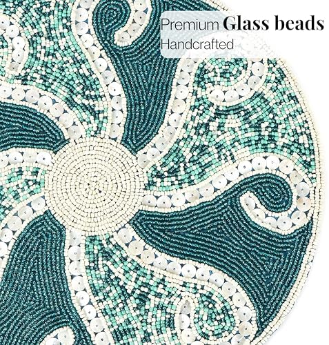 ALPHA Living HOME Beaded Placemats 13 Inch Teal Ivory Round Table Mats