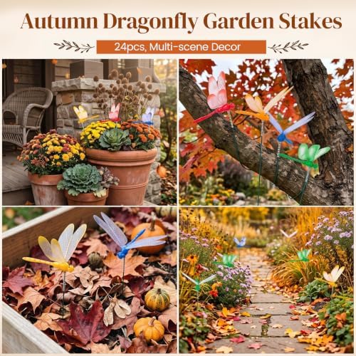 VGOODALL 24 PCS Dragonfly Garden Stakes, Plastic Garden Decorations