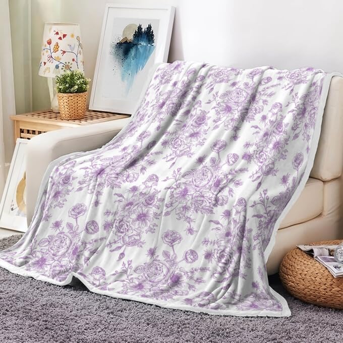 Floral Throw Blanket, Botanical Floral Blanket, Soft, Flannel, Warm, Boho Floral Bed Blanket All Season Flower Throw Blanket for Couch Bedroom Living Room, Purple 50X70 Inch
