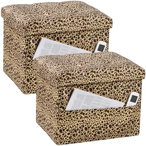 Bsketa Storage Ottoman, 17" Folding Velvet Foot Rest,Leopard Print 2 Pack